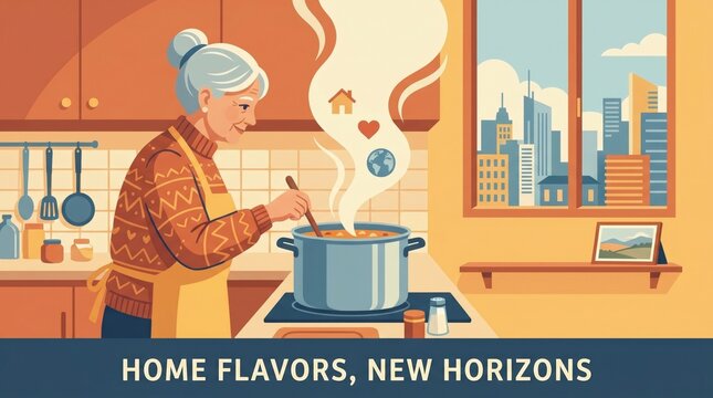 Immigrant cooking a homeland dish in a new country with the smell of memory and warmth