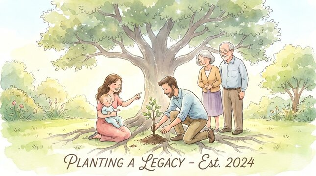 Family planting a tree to mark a birth, imagining future shade and leaving a legacy