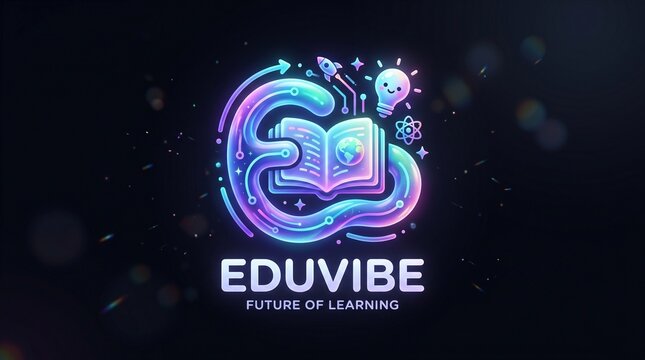 Modern Eduvibe logo featuring a neon glowing book and tech icons on dark background