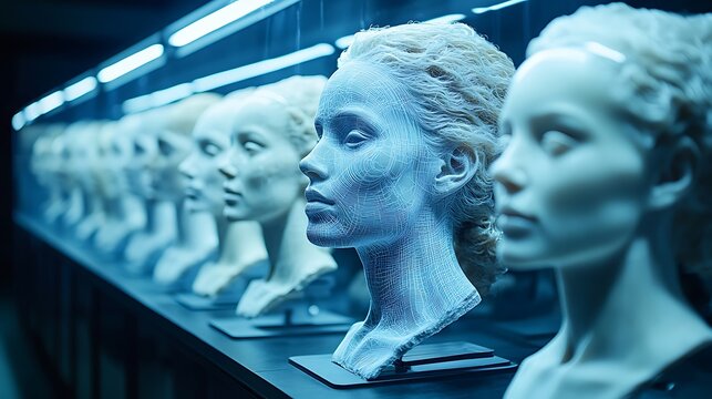 Row of Futuristic Humanoid Mannequin Heads in Blue SciFi Laboratory Setting.