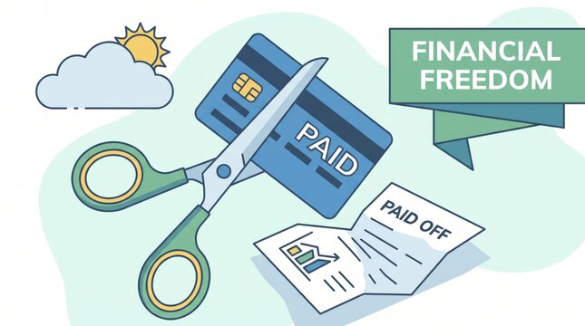 Cutting up a credit card after finally paying off the debt with scissors and a statement