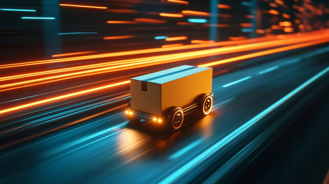 Fast delivery concept with autonomous robotic cardboard box on wheels speeding along a futuristic road with neon light trails - Generative AI