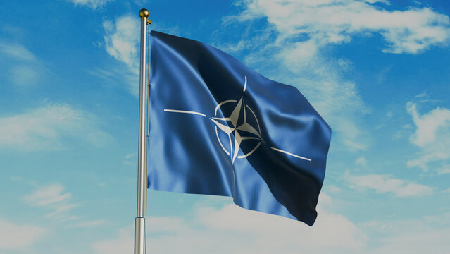 Moscow, Russia - May 2026: NATO flag waving in wind with flagpole, against the background of the sky with clouds, realistic render