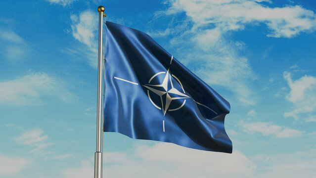 Moscow, Russia - May 2026: NATO flag waving in wind with flagpole, against the background of the sky with clouds, realistic render