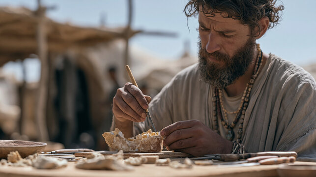 Paleoanthropologist reconstructing ancient hominid jaw fragment with adhesive tools at field station workbench in remote Ethiopian desert camp, evolutionary science, precision