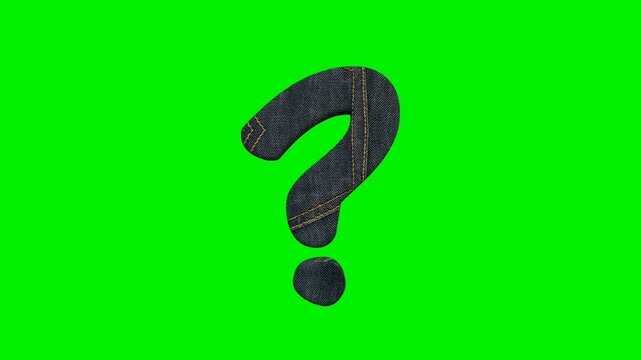 Blue denim fabric question mark punctuation with yellow stitching on green screen background