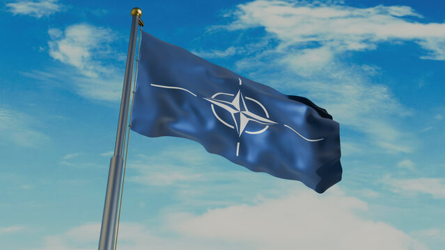 Moscow, Russia - May 2026: NATO flag waving in wind with flagpole, against the background of the sky with clouds, realistic render