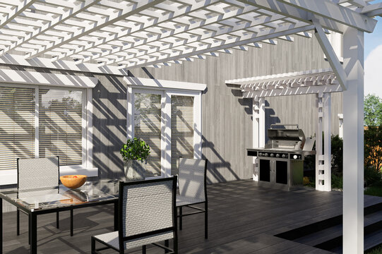Modern backyard deck with white pergola, outdoor dining table, and professional BBQ grill station, architectural 3D render of luxury patio living space.