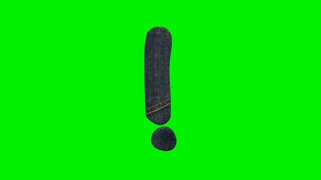 Blue denim fabric exclamation mark punctuation with yellow stitching on green screen background