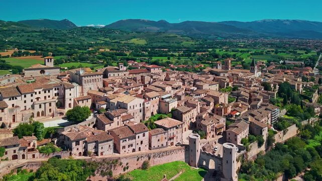 Aerial view of Spello medieval town in Umbria Italy