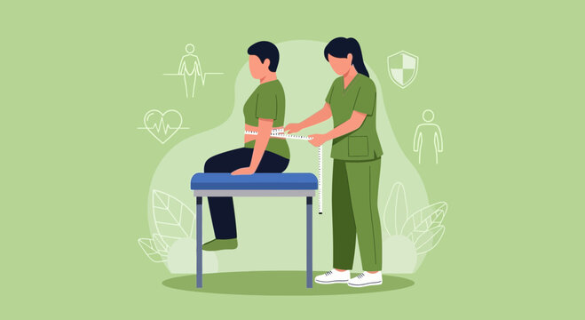 Physical therapist measuring patient's waist for health assessment, medical icons background