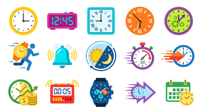 Time Management and Clock Vector Icon Set Featuring Alarm Clocks, Stopwatch, Calendar, Digital Timer, and Scheduling Symbols for Productivity Designs