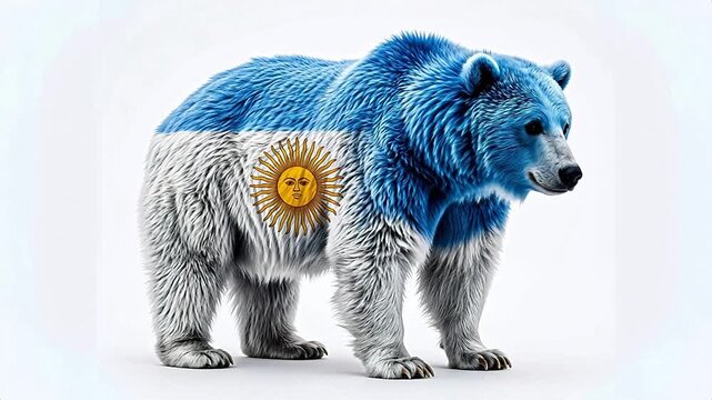 Bear with flag pattern on fur symbolizing conceptual art and dynamic energy