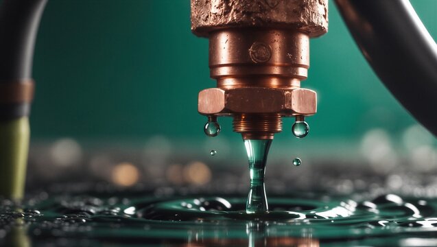 Extreme Macro of Weathered Copper Hydroponic Drip Emitter Dispensing Water, Deep Emerald Organic Background