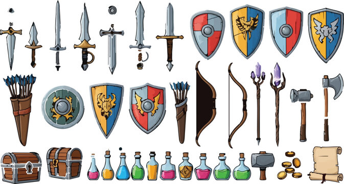 Medieval fantasy RPG game assets, collection of cartoon swords shields and magic potions, warrior equipment and loot icons vector set