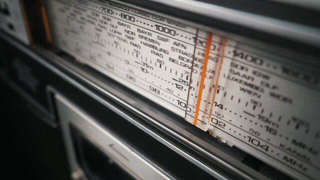 Vintage radio dial displays frequencies and European city names. A retro broadcasting concept evokes nostalgia for classic news and music transmission.