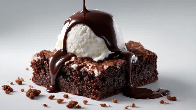 Delicious chocolate brownie dessert topped with vanilla ice cream and rich chocolate sauce
