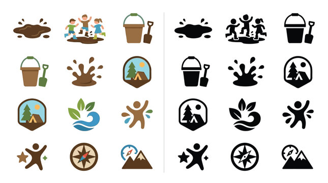 Collection of outdoor activity icons, including mud puddles, children playing, buckets, shovels, camping, waves, and compasses.