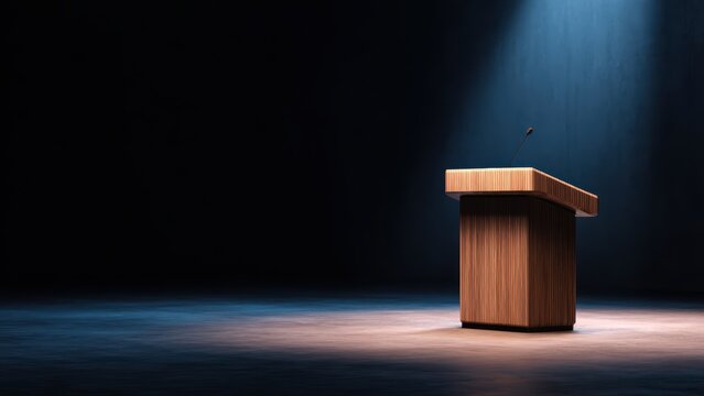 Modern wooden lectern under dramatic stage lighting, ready for a speaker's important presentation or conference.