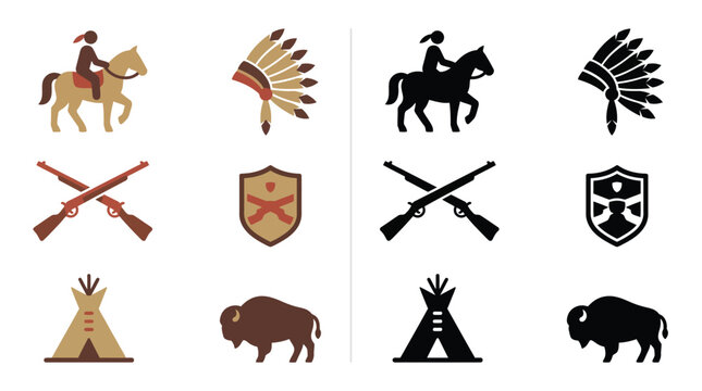 Collection of Native American icons including a horse rider, headdress, rifle, shield, teepee, and buffalo.