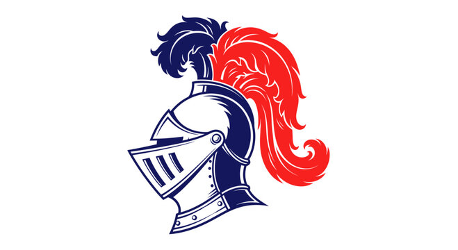 Knight Helmet with Red and Blue Plume, Medieval Armor, Heraldic Symbol