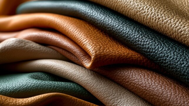 Mehrere &uuml;bereinandergelegte Lederrollen in verschiedenen Farben von Gr&uuml;n &uuml;ber Braun bis Beige zeigen ihre Textur.