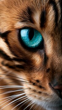 Extreme Nahaufnahme eines leuchtend blauen Auges einer Bengalkatze mit markanter Streifenzeichnung.
