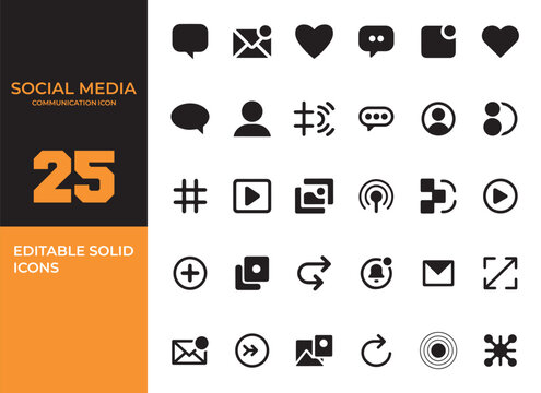 Social media communication solid icons set online interaction collection