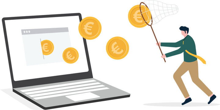 Professional catching gold euro from laptop with net
