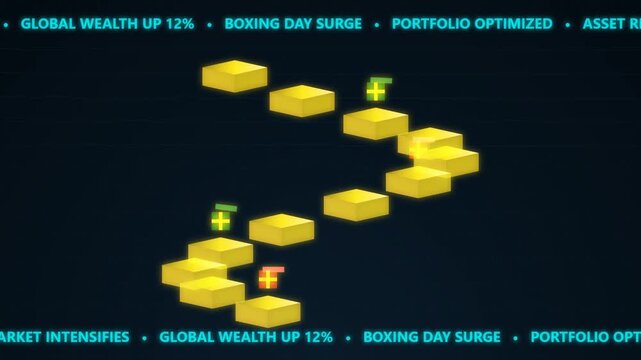 3D animation of golden blocks forming a rising staircase with scrolling financial ticker data representing stock market growth and wealth.