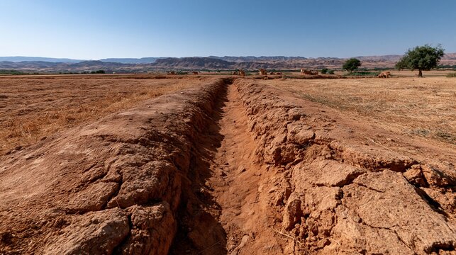 Ein langer, gerader Bew&auml;sserungskanal aus Stein zieht sich durch eine trockene, karge W&uuml;stenlandschaft.