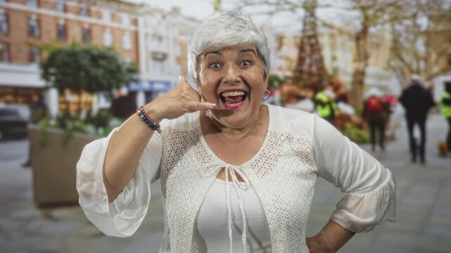Woman making phone gesture with thumb and pinky to her ear, smiling broadly, wearing white knit top and bracelet, standing in a busy pedestrian street; playful connection.