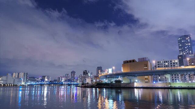 Sumida River Night View Timelapse, River Scenery and Metropolis, Night, Japan