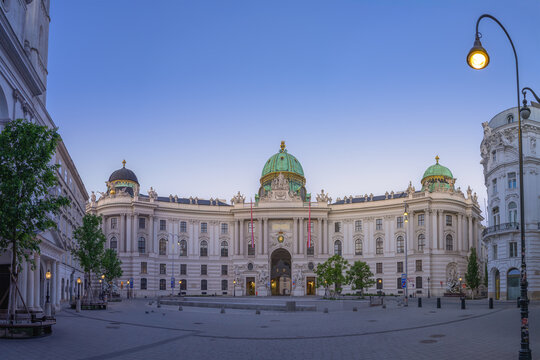 Vienna, Austria - May 2, 2026: Hofburg Palace Michaelerplatz Vienna Austria, European Baroque Architecture At Blue Hour