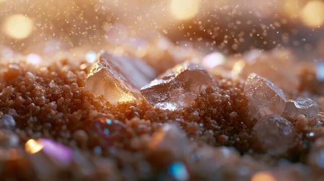 Ein einzelner, funkelnder Mineral- oder Salzkristall liegt auf einer k&ouml;rnigen, glitzernden Oberfl&auml;che in warmem Licht.