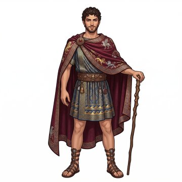 Noble ancient Greek man Eurymachus wearing an ornate blue tunic and crimson cloak holding a wooden staff