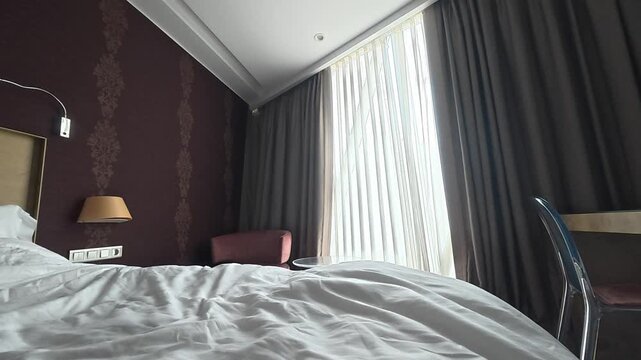 Automatic curtains in the bedroom, sunlight. Curtains bed ceiling. High quality 4k footage