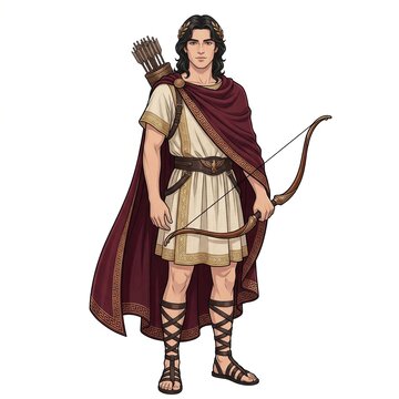 Ancient Greek prince Paris holding a wooden bow and wearing a crimson cloak isolated on white background