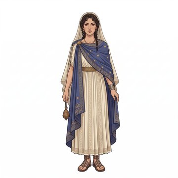 Ancient Greek queen Penelope in traditional white chiton and blue veil holding an oil lamp on white background