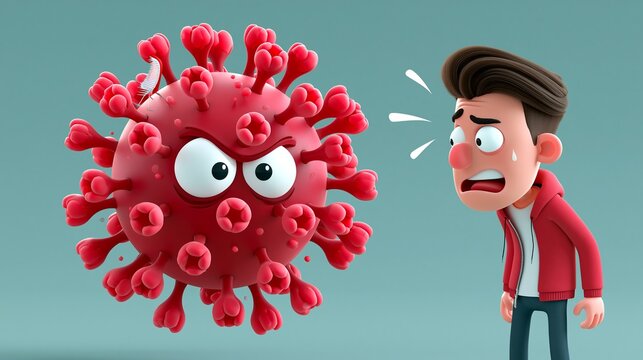 Ein Cartoon-Charakter weicht erschrocken vor einem animierten roten Virus-Charakter mit b&ouml;sen Augen zur&uuml;ck.