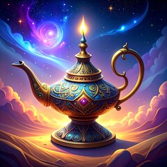 Naklejka premium A magic lamp with a lit wick sits on sand with a galaxy background
