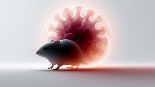 Silhouette einer Maus vor einem roten, leuchtenden Hantavirus-Modell auf hellem Hintergrund.