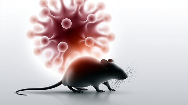 Silhouette einer Maus vor einem roten, leuchtenden Hantavirus-Modell auf hellem Hintergrund.