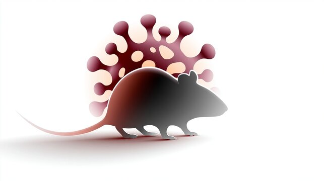 Silhouette einer Maus vor einem roten, leuchtenden Hantavirus-Modell auf hellem Hintergrund.
