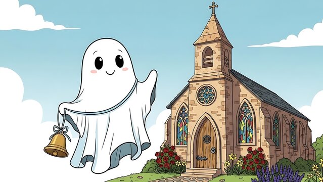 Cute Ghost Ringing Bell Outside Church.