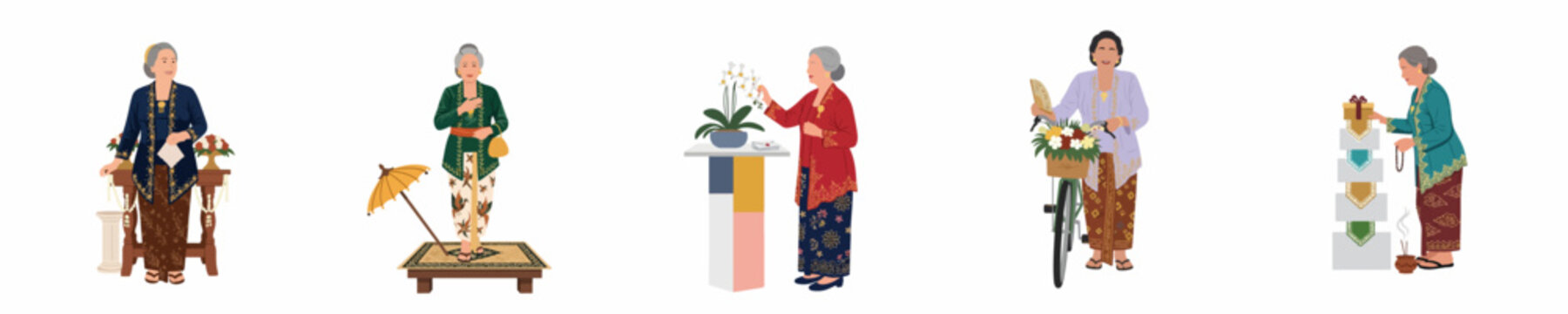 Set of flat illustrations featuring elderly Indonesian women in traditional kebaya and batik attire engaged in various cultural activities and rituals.