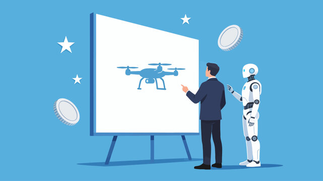 AI robot and human collaborating on drone technology presentation, showcasing innovation and future development