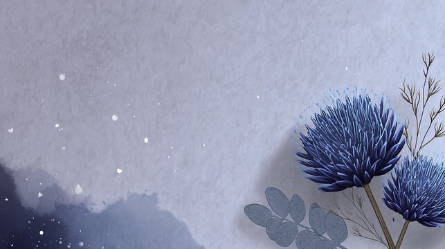 Blue thistle flowers with delicate leaves and stems against a soft, textured background with subtle star-like dots and watercolor-style shading.