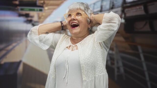 Senior woman with glasses and grey hair, holding hands to head, mouth wide open in surprise at an airport terminal; joy wonder travel.