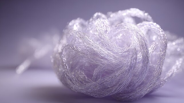 Close-up of a translucent, intricately woven spherical object with delicate fiber strands against a soft purple background